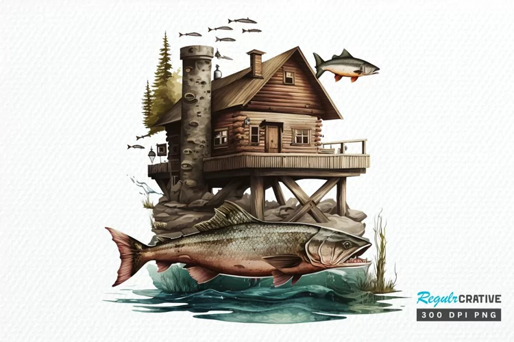 Watercolor Fishing Lodge PNG Clipart