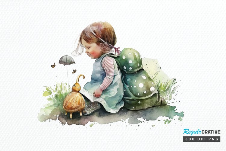 Watercolor Little Girl and Snails PNG Clipart