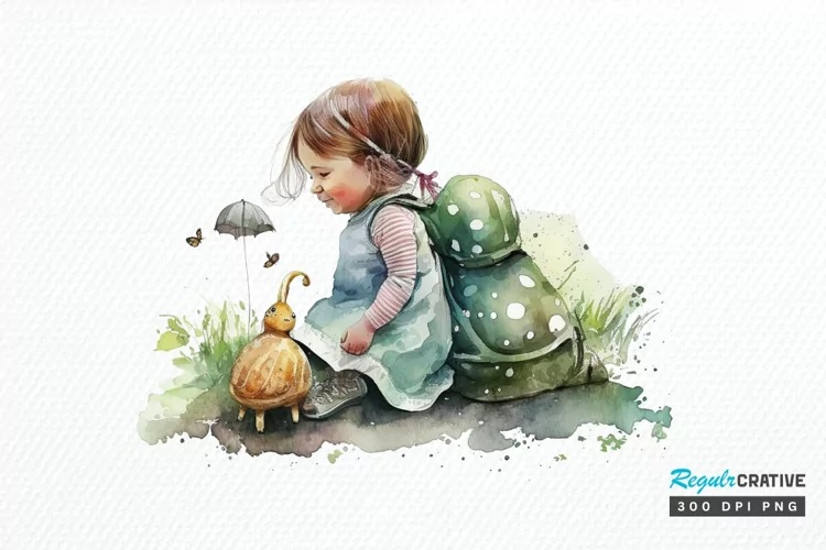Watercolor Little Girl and Snails PNG Clipart