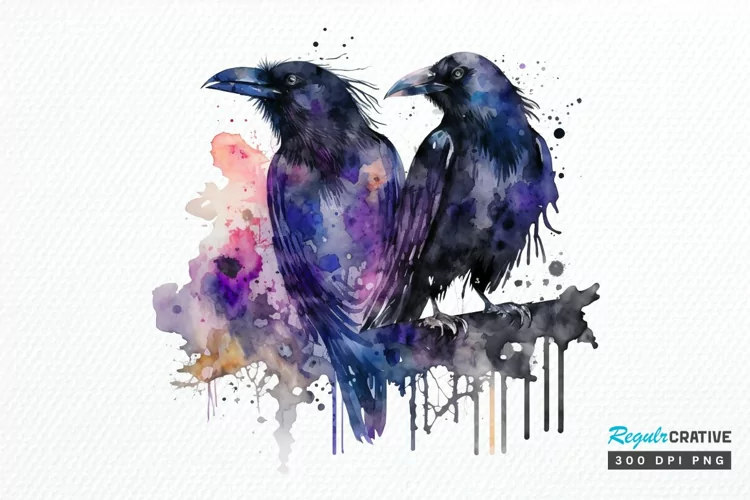 Watercolor Gothic Ravens PNG Clipart