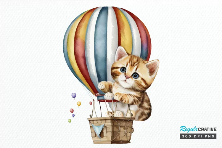 Watercolor Cute Kitten with Air Balloon PNG Clipart