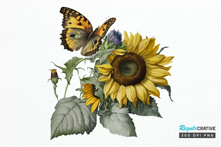 Watercolor Vintage Butterfly Sunflower PNG Clipart