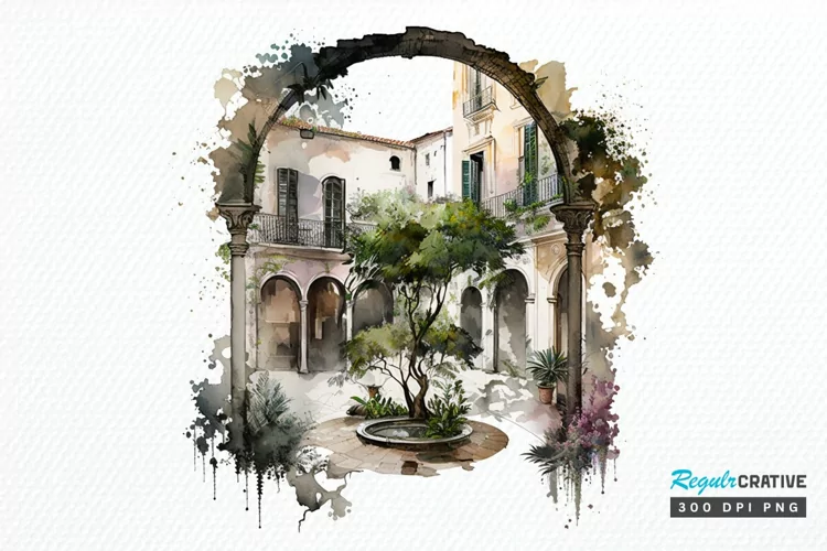 Watercolor Courtyard PNG Clipart