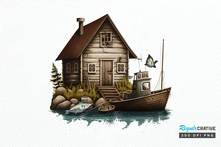 Watercolor Fishing Lodge PNG Clipart