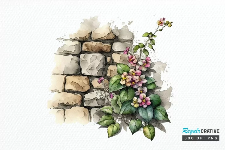 Watercolor Floral Stone Wall PNG Clipart