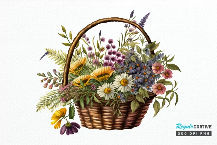 Basket of Wildflowers PNG Clipart
