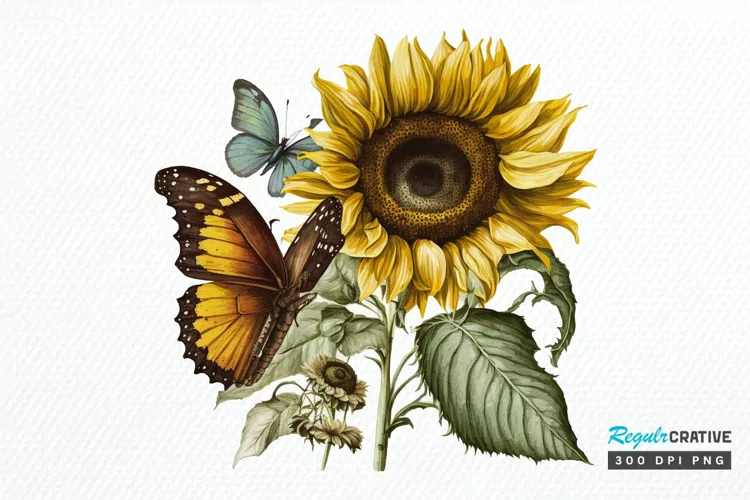 Watercolor Vintage Butterfly Sunflower PNG Clipart