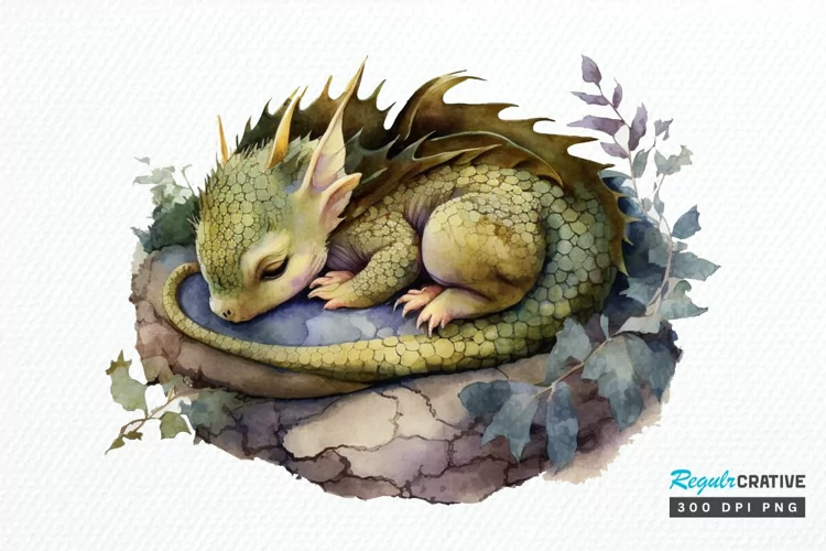 Watercolor Cute Baby Dragon Sleeping PNG Clipart