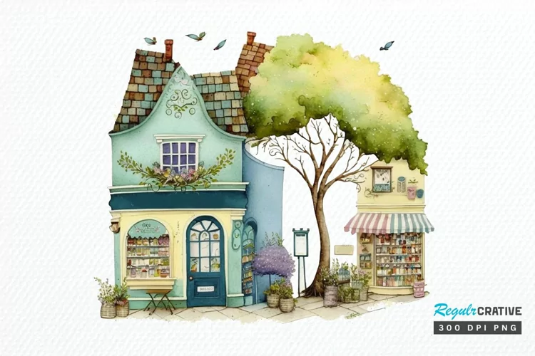 Watercolor Whimsical Village Shop PNG Clipart
