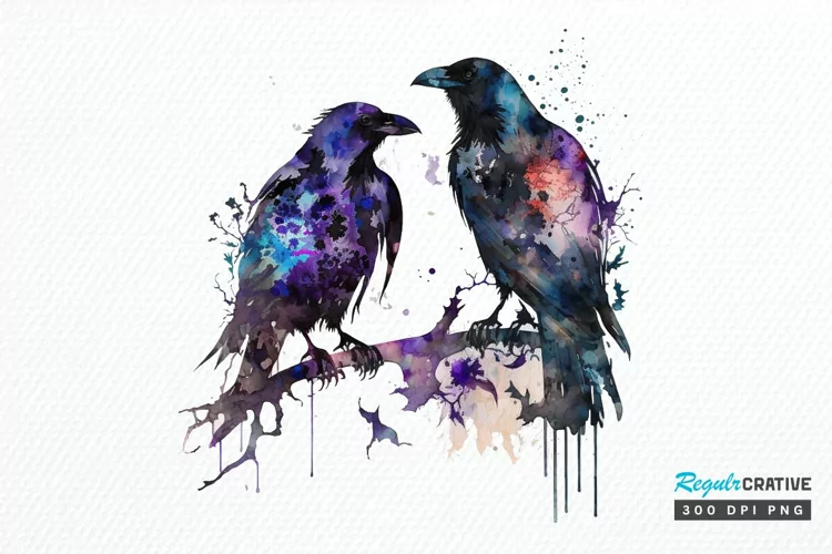 Watercolor Gothic Ravens PNG Clipart