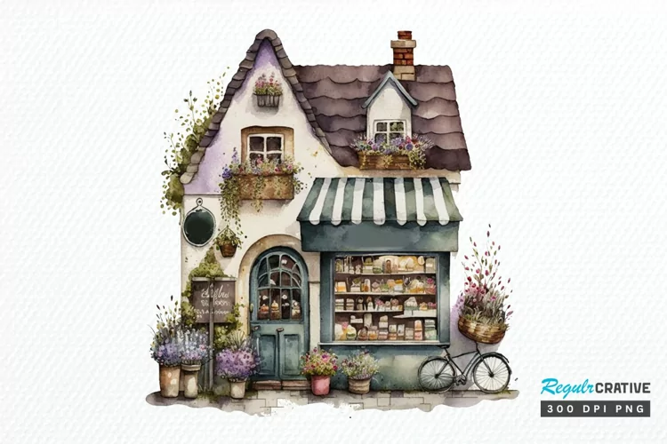 Watercolor Whimsical Village Shop PNG Clipart