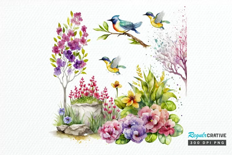 Watercolor Spring Garden PNG Clipart