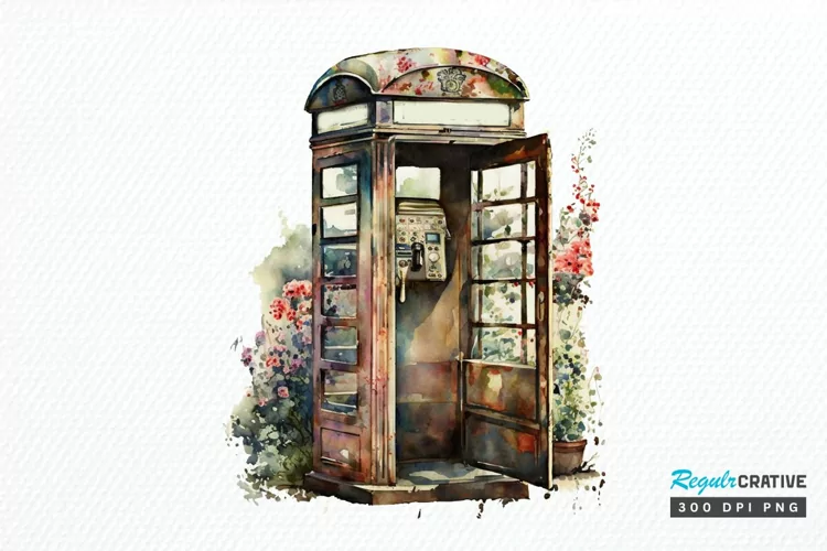 Watercolor Vintage Public Telephone Booth PNG Clipart