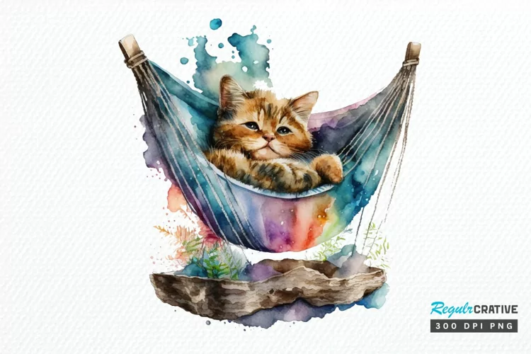 Watercolor Cute Cat in a Hammock PNG Clipart