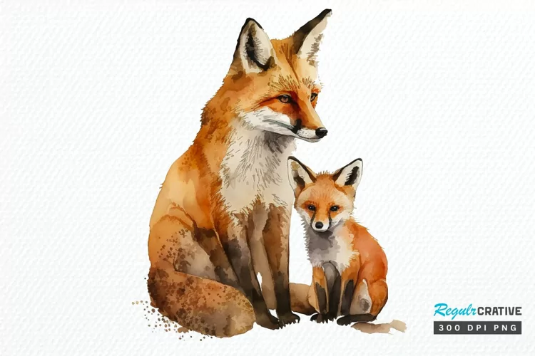 Watercolor Mom and Baby Fox PNG Clipart