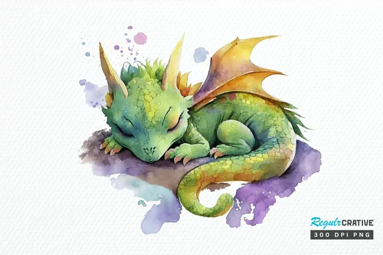 Watercolor Cute Baby Dragon Sleeping PNG Clipart