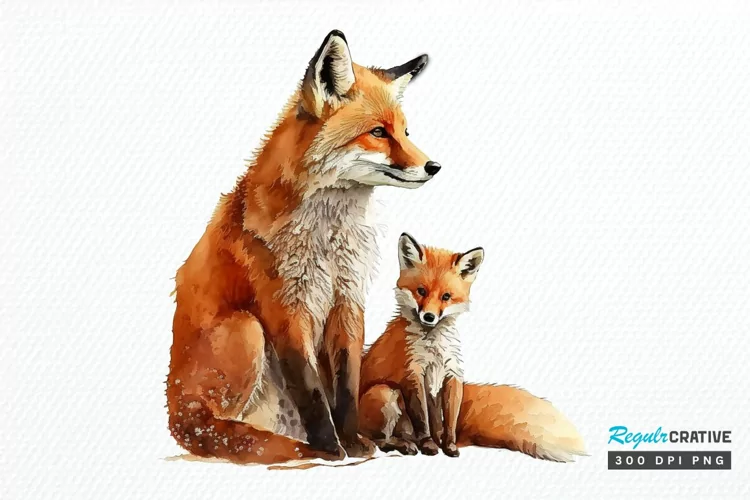 Watercolor Mom and Baby Fox PNG Clipart