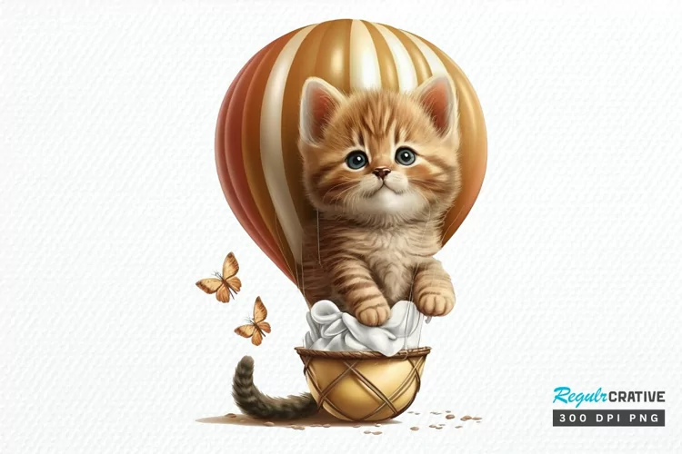 Watercolor Cute Kitten with Air Balloon PNG Clipart
