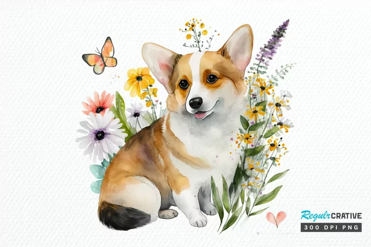 Watercolor Cute Corgi and Flowers PNG Clipart