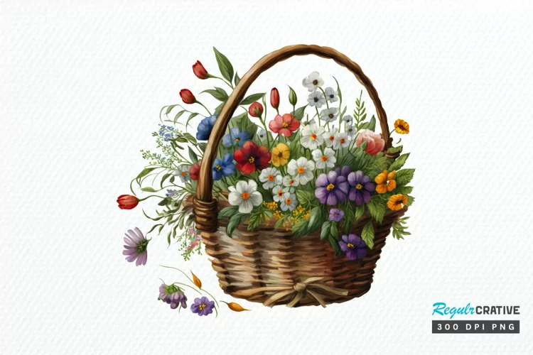 Basket of Wildflowers PNG Clipart