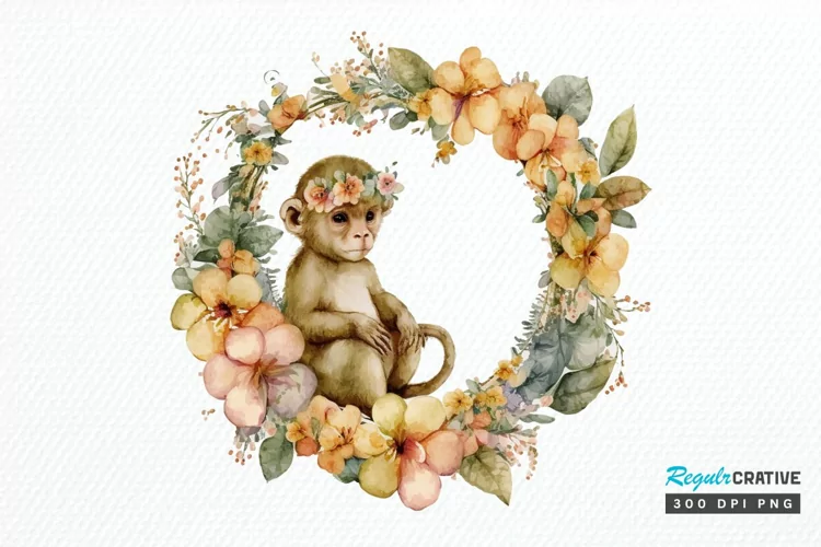 Watercolor Baby Monkey Flower Wreath PNG Clipart