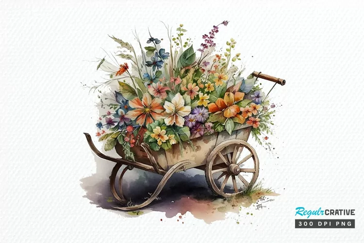 Watercolor Floral Wheelbarrows PNG Clipart
