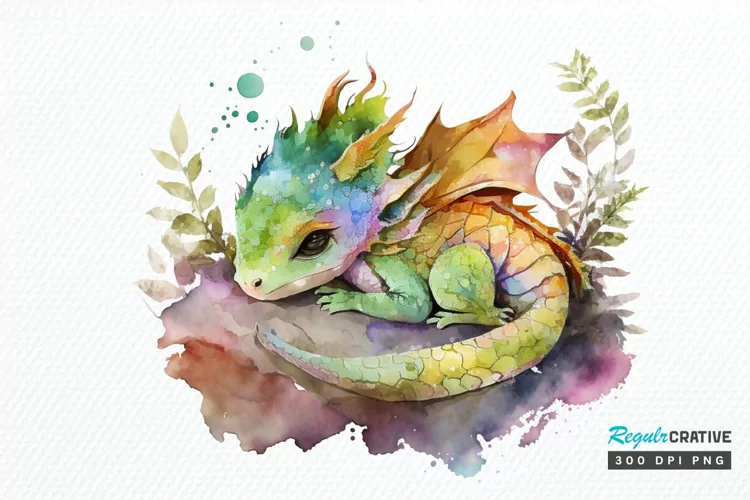 Watercolor Cute Baby Dragon Sleeping PNG Clipart