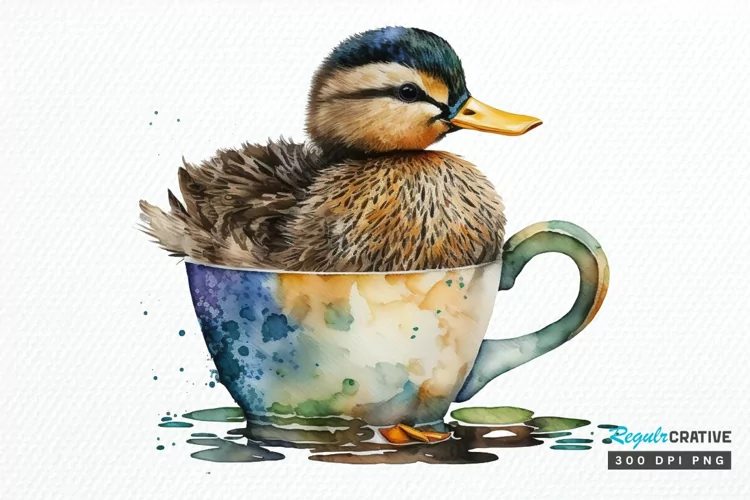 Watercolor Cute Mallard with a Cup PNG Clipart
