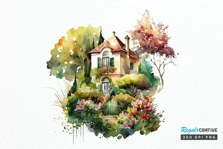 Watercolor House in Flower Garden PNG Clipart
