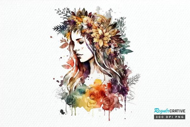 Watercolor Floral Boho Girl PNG Clipart