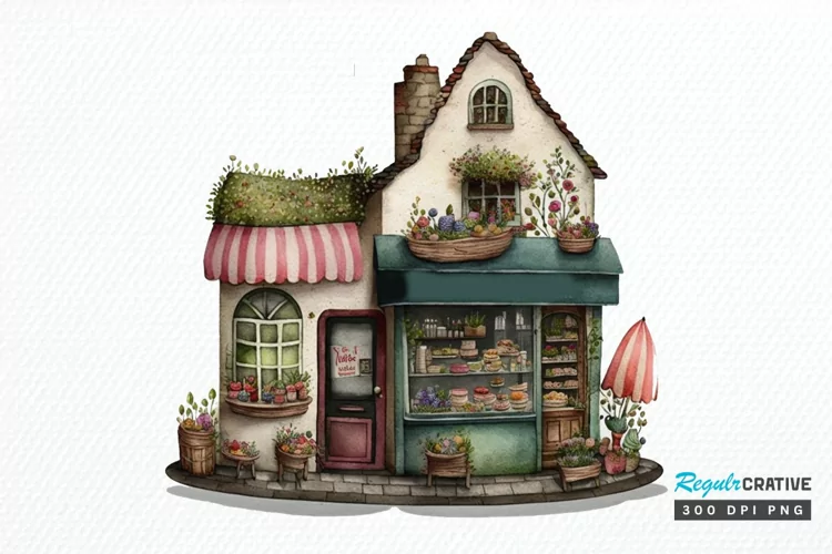 Watercolor Whimsical Village Shop PNG Clipart