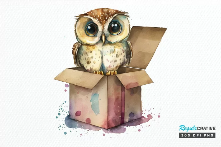 Watercolor Cute Owl Girl in Gift Box PNG Clipart