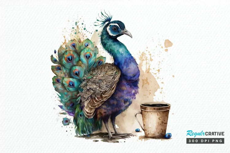 Watercolor Cute Indian Peafowl with a Cup PNG Clipart