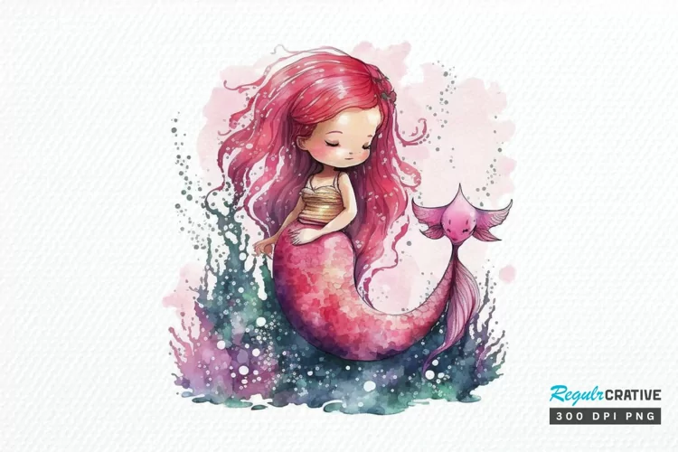 Watercolor Cute Pink Mermaid PNG Clipart
