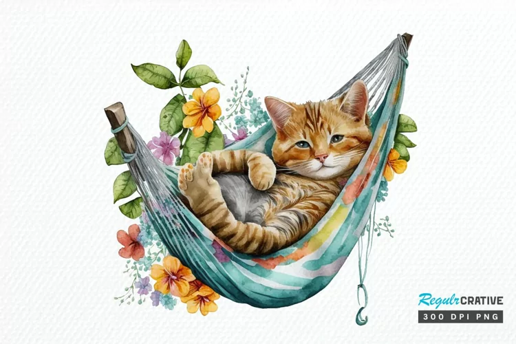 Watercolor Cute Cat in a Hammock PNG Clipart
