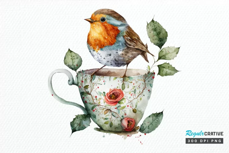 Watercolor Cute European Robin with a Cup PNG Clipart