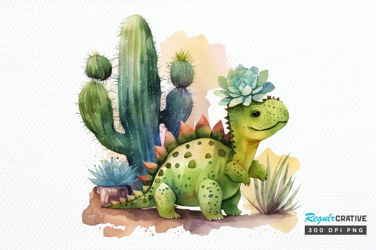 Watercolor Cute Dinosaur and Cactus PNG Clipart