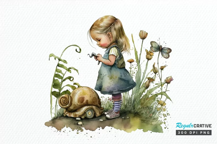 Watercolor Little Girl and Snails PNG Clipart