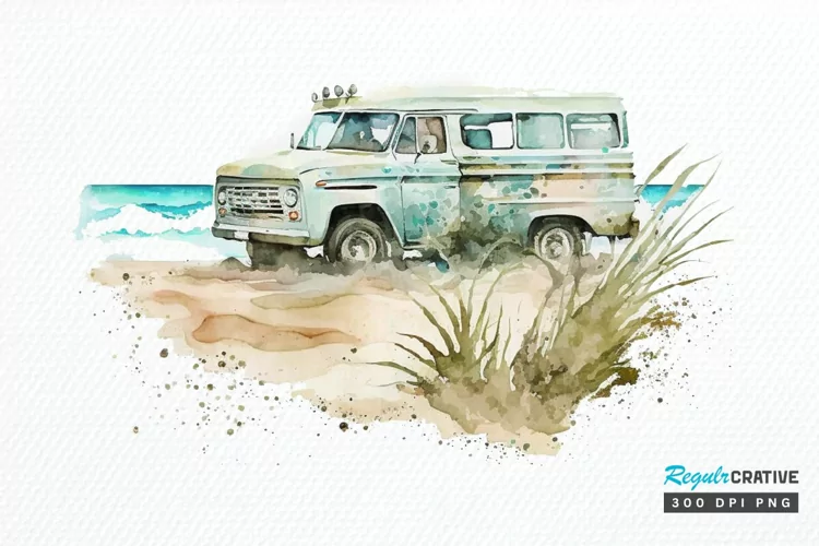 Watercolor Beach Truck PNG Clipart