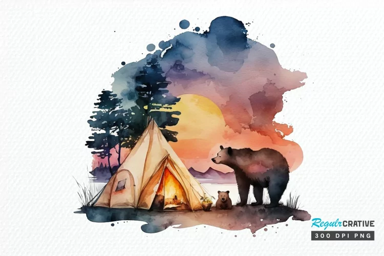 Watercolor Bear Camping at Sunset PNG Clipart
