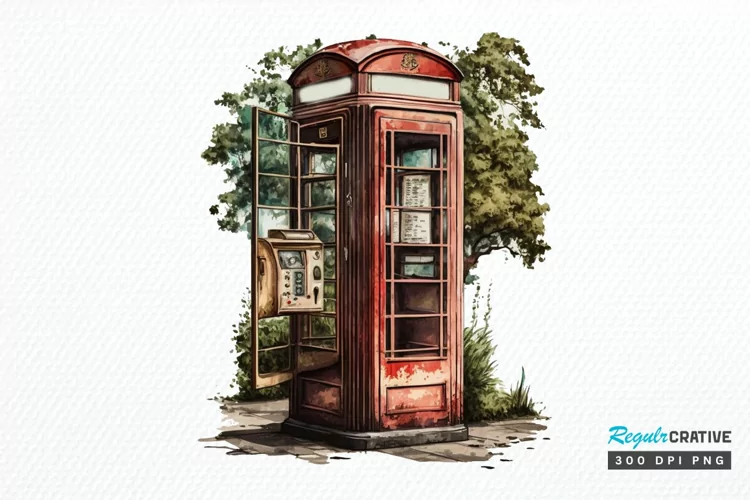 Watercolor Vintage Public Telephone Booth PNG Clipart