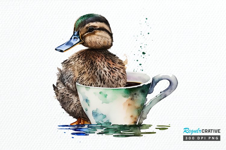 Watercolor Cute Mallard with a Cup PNG Clipart