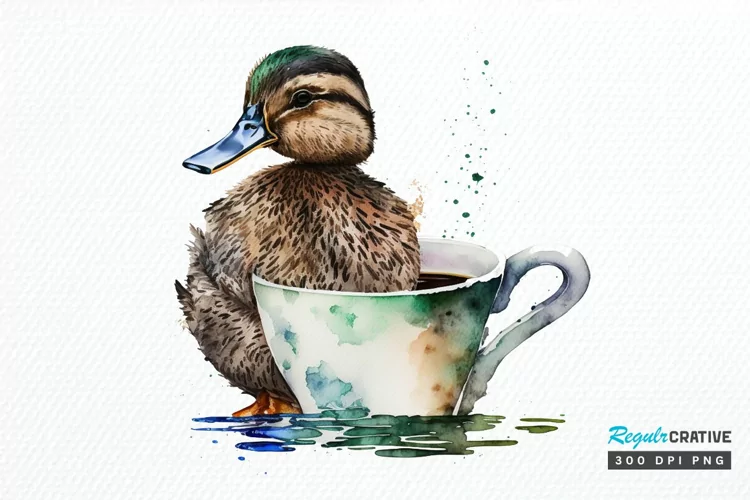 Watercolor Cute Mallard with a Cup PNG Clipart