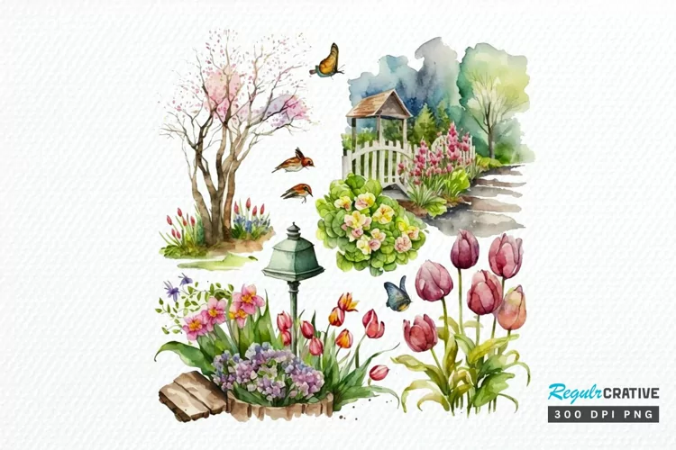 Watercolor Spring Garden PNG Clipart