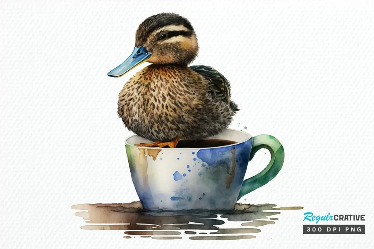 Watercolor Cute Mallard with a Cup PNG Clipart