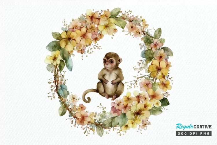 Watercolor Baby Monkey Flower Wreath PNG Clipart