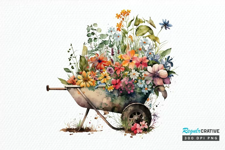 Watercolor Floral Wheelbarrows PNG Clipart