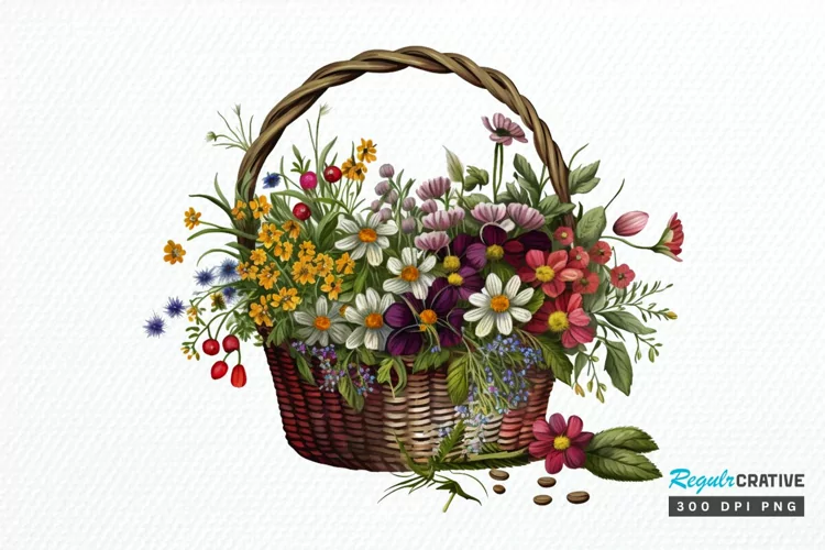 Basket of Wildflowers PNG Clipart
