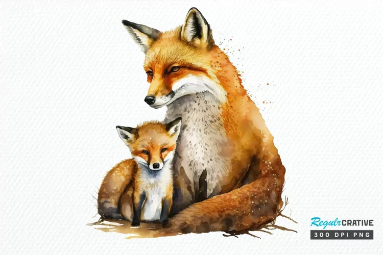 Watercolor Mom and Baby Fox PNG Clipart
