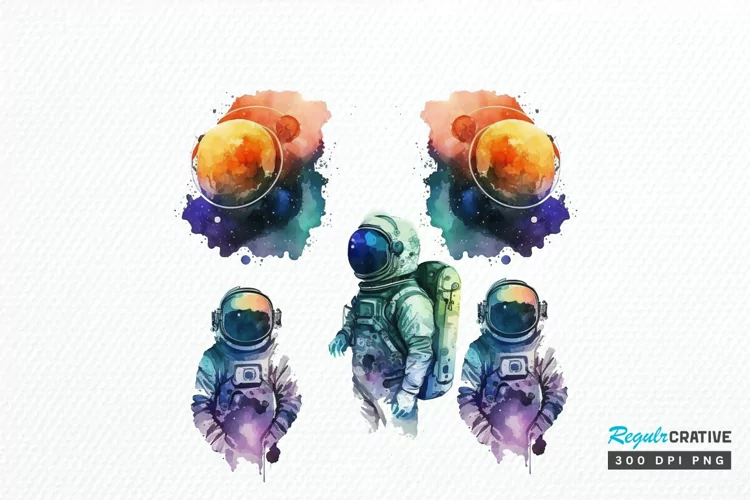 Watercolor Astronaut Planet PNG Clipart